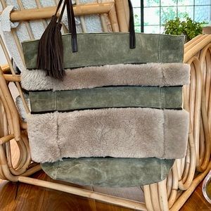 Anthropologie Holding Horses green suede & faux fur purse